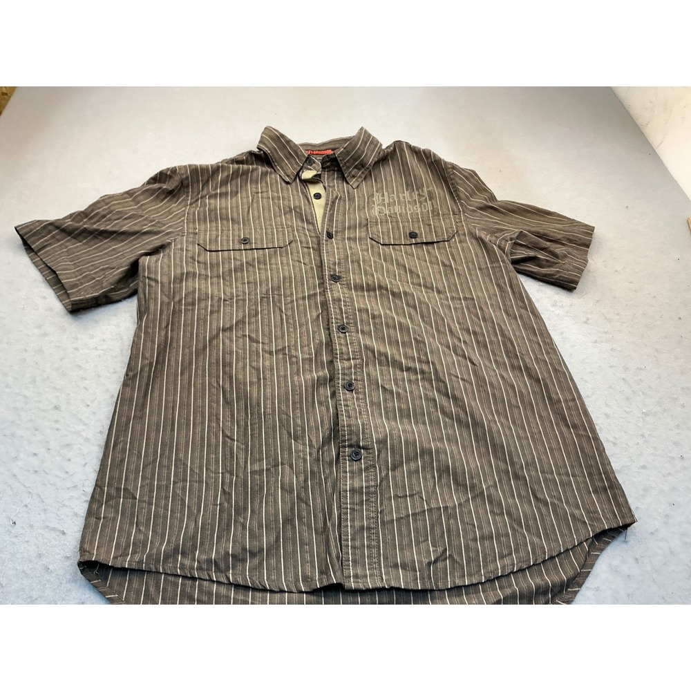 Harley Davidson Short Sleeve Pinstripe Button Up Shirt Large Brown Biker